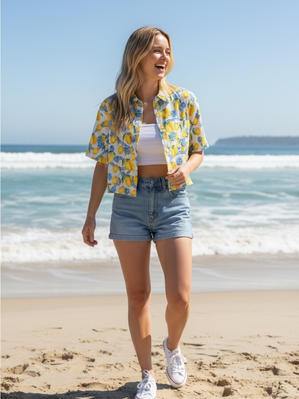 Salty Weekend Womens Lemon Print Seersucker Cropped Button Down Top Size Large